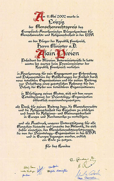 Die Urkunde für Alain Vivien, 2002
